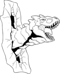 Outlined Carnotaurus Dinosaur Breaks The Wall Graphic Design. Vector Hand Drawn Illustration Isolated On Transparent Background