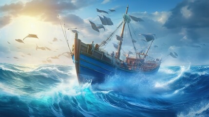 Abstract surrealism art. Fishing boat on the water. There are flying fish around. High waves. Generative ai.