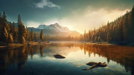 A breathtaking landscape featuring a serene lake surrounded by mountains and lush forests, capturing the essence of natural beauty. Generative ai.