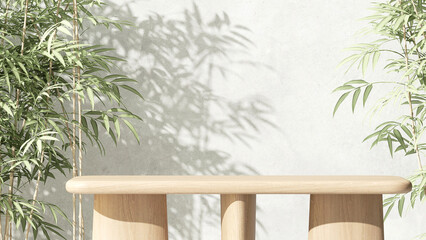 Minimal wooden pedestal side table podium, green bamboo foliage in sunlight, leaf shadow on white...