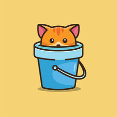 Cute cat in the bucket simple cartoon illustration