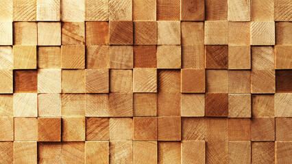 Modern, minimal, stylish decoration wall with brown square wood block mosaic, natural wood grain with different surface level for luxury interior design decoration, material background 3