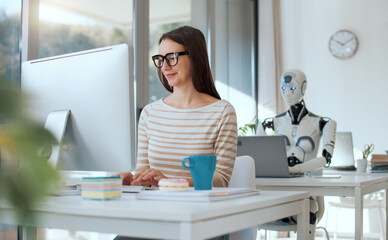 Office worker and AI robot at work