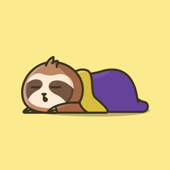 Cute sleeping sloth under blanked simple vector cartoon illustration