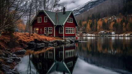 Fototapeta na wymiar Stunning views of the picturesque-standing Scandinavian-style house. An early morning in a Norwegian village. Fjord wrapped in dawn clouds. Norway. Scandinavia. Generative ai.