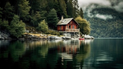 Fototapeta premium Stunning views of the picturesque-standing Scandinavian-style house. An early morning in a Norwegian village. Fjord wrapped in dawn clouds. Norway. Scandinavia. Generative ai.