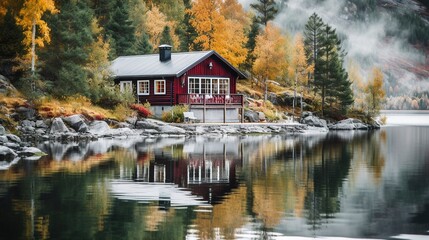 Fototapeta premium Stunning views of the picturesque-standing Scandinavian-style house. An early morning in a Norwegian village. Fjord wrapped in dawn clouds. Norway. Scandinavia. Generative ai.