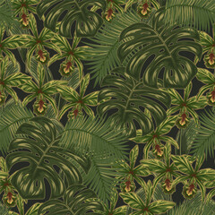 Fototapeta na wymiar Seamless green camouflage pattern with tropical foliage, leaves, orchyd flower. Vintage style. Good for apparel, fabric, textile, sport goods.