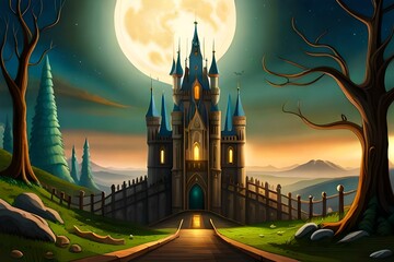 A huge castle in the night, full moon.