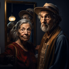 Senior Couple and a Mirror. Generative AI.
A digital surrealistic rendering of a senior couple and a reflecting mirror in a house. 