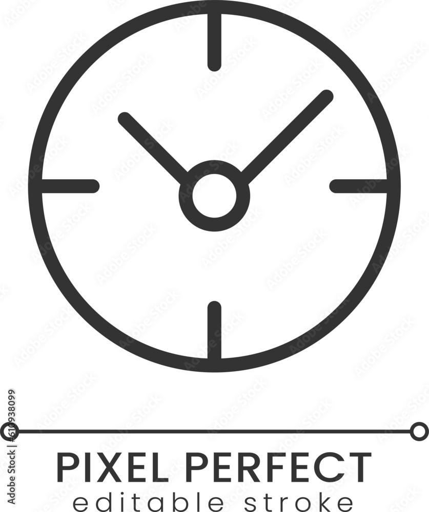 Poster clock pixel perfect linear icon. time management. business project deadline. checking time. thin lin