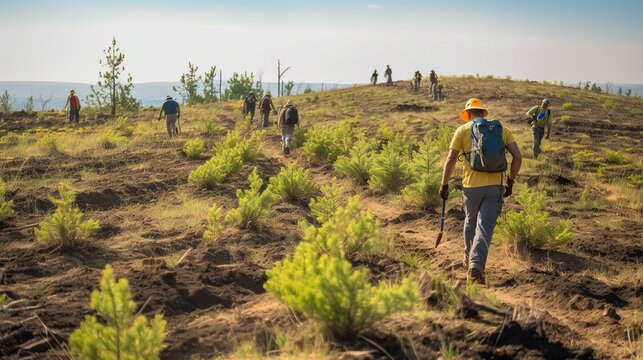 Volunteers choosing seedlings for sustainable and ecological reforestation in the forest generative AI