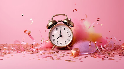 Alarm clock and confetti on a pink background with copy space. Generative AI.