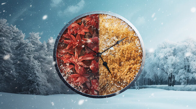 Autumn winter time of a clock in forest with fallen leaves. Generative AI.