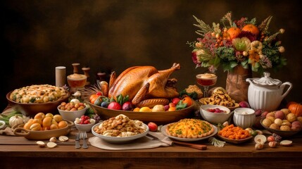 Fototapeta premium Thanksgiving dinner table with turkey, potatoes, vegetables, olives and other traditional dishes. Generative AI.