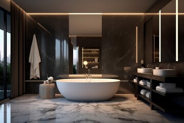 Naklejka na ściany i meble Sleek Grey Marble Bathroom with LED Light. Generative AI