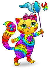 Set of illustrations in the stained glass style with bright kitten with bouquet, animal isolated on a white background