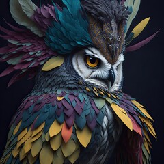 an owl wears a colorful feather, generative AI