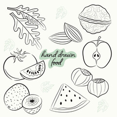 set with sketching images of nuts, vegetables and fruits