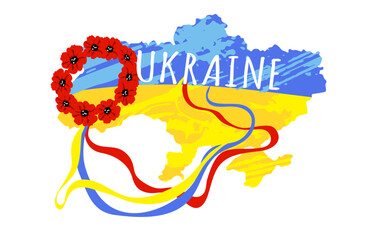 Country Ukraine in colors of blue and yellow national flag with wreath and ribbons. Patriotic sticker.