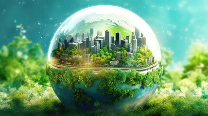 Glass globe in the in nature concept for eco friendly enviroment and conservation. Generative Ai