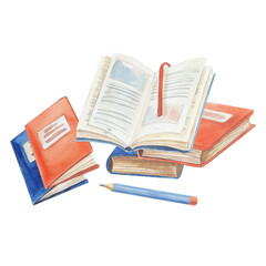 Book, textbooks, a stack of books. Watercolor illustration, for postcards, calendars, school products and posters. isolated.