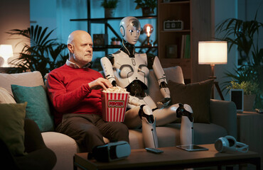 Senior man and female AI robot watching movies together at home