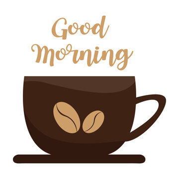 vector illustration of a cup and a badge of coffee beans with a good morning message.