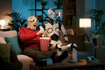 Man and AI robot watching movies together - obrazy, fototapety, plakaty