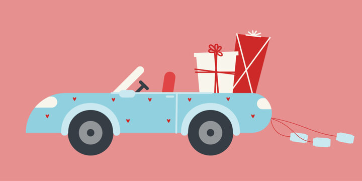 Newlyweds car in flat style. Beautiful holiday automobile.
