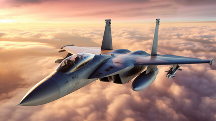 Fototapeta na wymiar military aircraft jet flying over clouds. generative ai