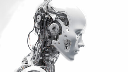 Fototapeta na wymiar 3D render, Visualization of artificial intelligence, AI, KI, Concept Future Robot / Bot Head, pale white, glossy, on white background. Generative AI
