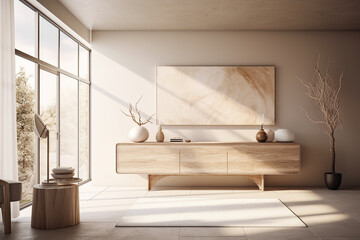 Interior design composition with a modern sideboard next to a large window. Generative AI