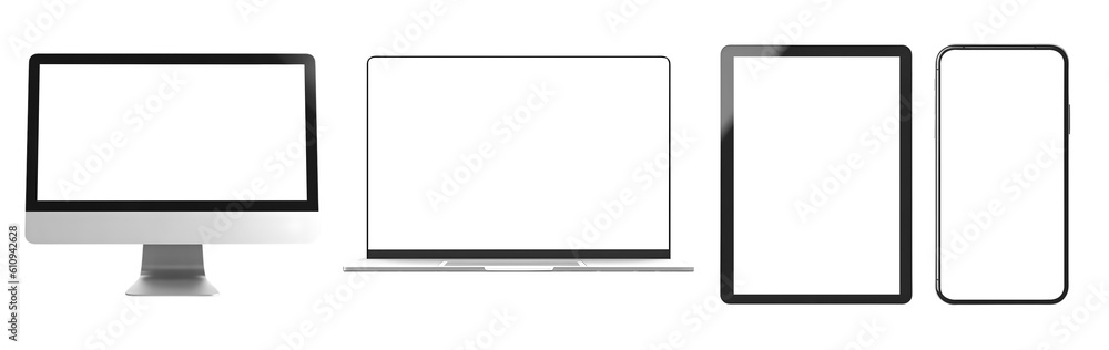 Poster tablet desktop computer smartphone handphone on transparent background cutout, png file. mockup temp