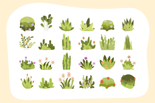 Simple bush set in green color. Flat vector design in minimalistic cartoon style. Collection of wild bushes