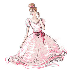 beautiful bride in pink wedding dress with beautiful earrings on white background. Isolated illustration