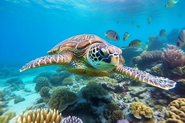 Naklejka na ściany i meble Turtle with a Group of Colorful Fish and Coral Reef. Generative AI