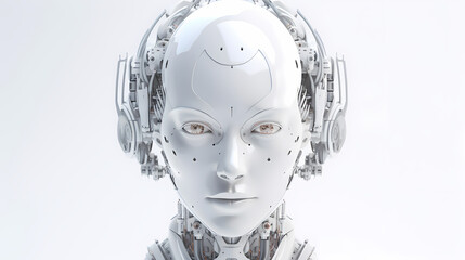 3D render, Visualization of artificial intelligence, AI, KI, Concept Future Robot / Bot Head, pale white, glossy, on white background. Generative AI - obrazy, fototapety, plakaty