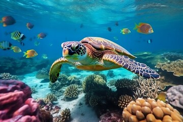 Fototapeta na wymiar Turtle with a Group of Colorful Fish and Coral Reef. Generative AI