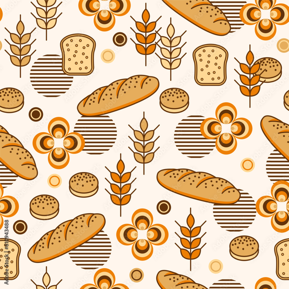 Poster bread, bakery themed background with icons, design elements in simple style seamless pattern with ab