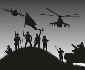 Naklejka na ściany i meble Silhouettes of soldiers who won the battle. The importance of victory. Vector graphics.