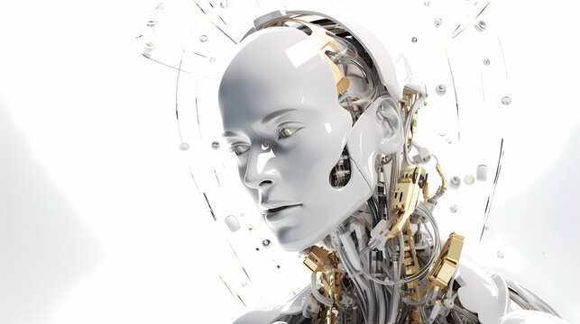 3D render, Visualization of artificial intelligence, AI, KI, Concept Future Robot / Bot Head, pale white, glossy, on white background. Generative AI