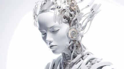 3D render, Visualization of artificial intelligence, AI, KI, Concept Future Robot / Bot Head, pale white, glossy, on white background. Generative AI