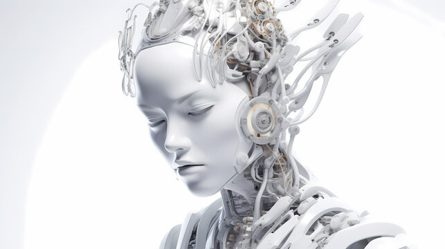 3D render, Visualization of artificial intelligence, AI, KI, Concept Future Robot / Bot Head, pale white, glossy, on white background. Generative AI