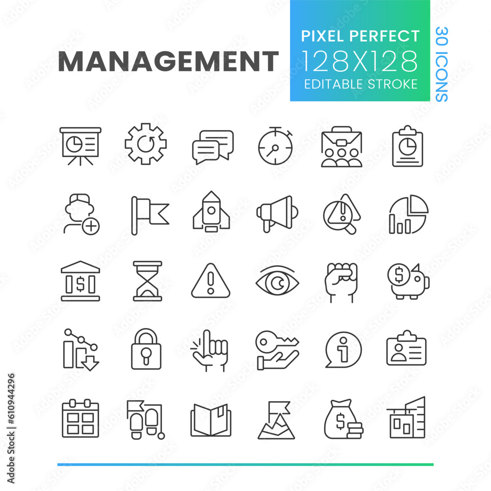 Poster management pixel perfect linear icons set. business and work. employees. career growth. customizable
