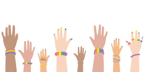 Set of raising hands of people with multiple race and gender with pride rainbow symbol accessories, painting and nail polish flat vector illustration