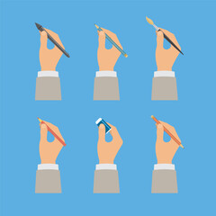 Set of hands of man with shirts and jacket sleeves holding stationery, art supplies, stylus pen, pencil, paintbrush, colored pencil and eraser in flat vector illustration