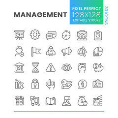 Management pixel perfect linear icons set. Business and work. Employees. Career growth. Customizable thin line symbols. Isolated vector outline illustrations. Editable stroke. Poppins font used