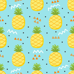 Pineapple Seamless Pattern vector illustration. Cute pineapple elements on blue background