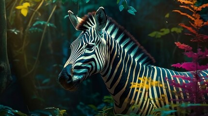 Colorful zebra in the jungle. Generative AI